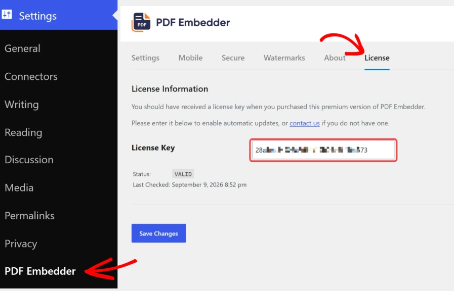 license_field - PDF Embedder Screen capture of PDF Embedder plugin settings showing the License tab with a masked License Key field and a Save Changes button.