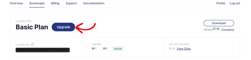 a screenshot of the upgrade button in wp-pdf account