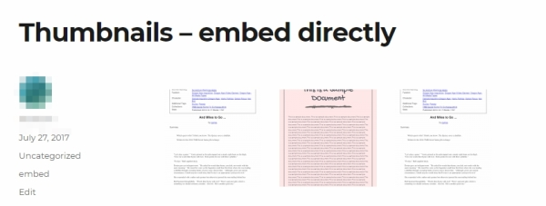 image - PDF Plugins for WordPress Blog page header 'Thumbnails – embed directly' with three thumbnail previews in a row and a left sidebar showing date and categories.