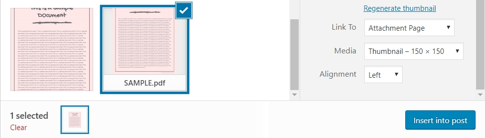image - PDF Plugins for WordPress Thumbnail grid with two pink document images; the right one labeled SAMPLE.pdf is selected with a blue border and checkmark.