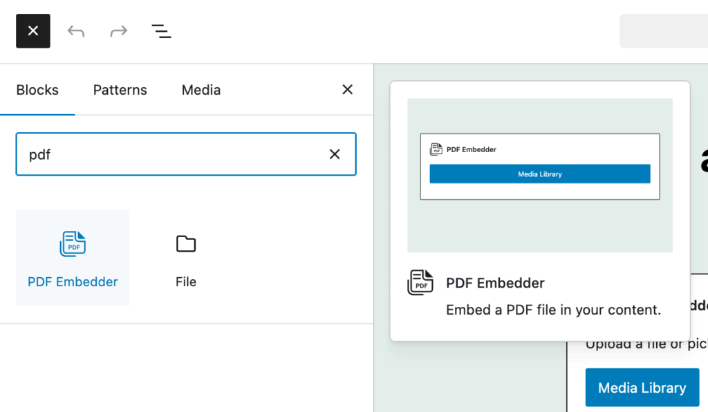 block-editor-add-pdf-block - PDF Plugins for WordPress Adding PDF Embedder block inside the Block Editor in WordPress