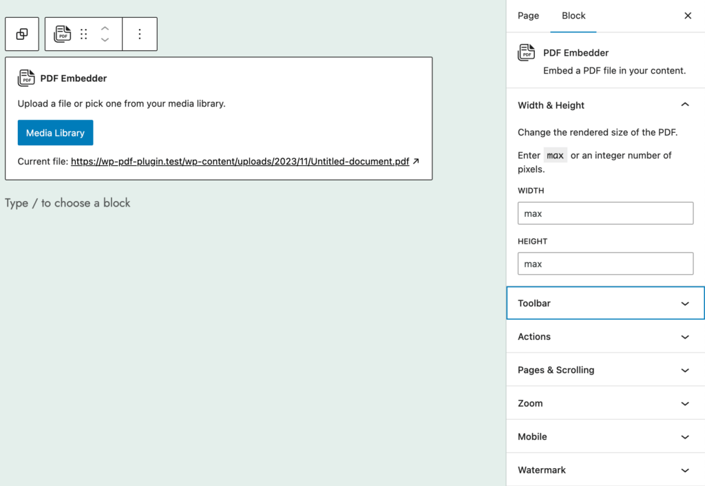 block-editor-pdf-block-options - PDF Plugins for WordPress PDF Embedder block options