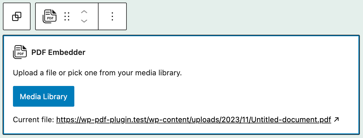 block-editor-pdf-block-with-file - PDF Plugins for WordPress PDF Embedder block inside the Block Editor when the PDF file was selected