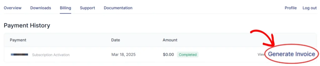 a screenshot of the link to generate invoice in WP-PDF Account