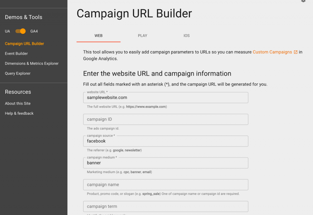 Campaign builder with sample parameters