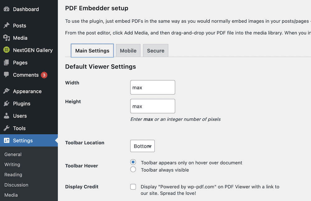 pdf-embedder-settings-page