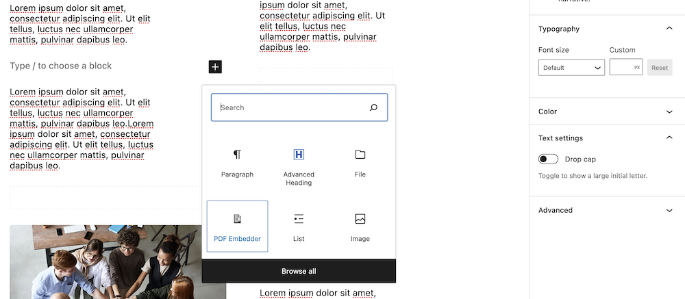 Adding the PDF Embedder Block.