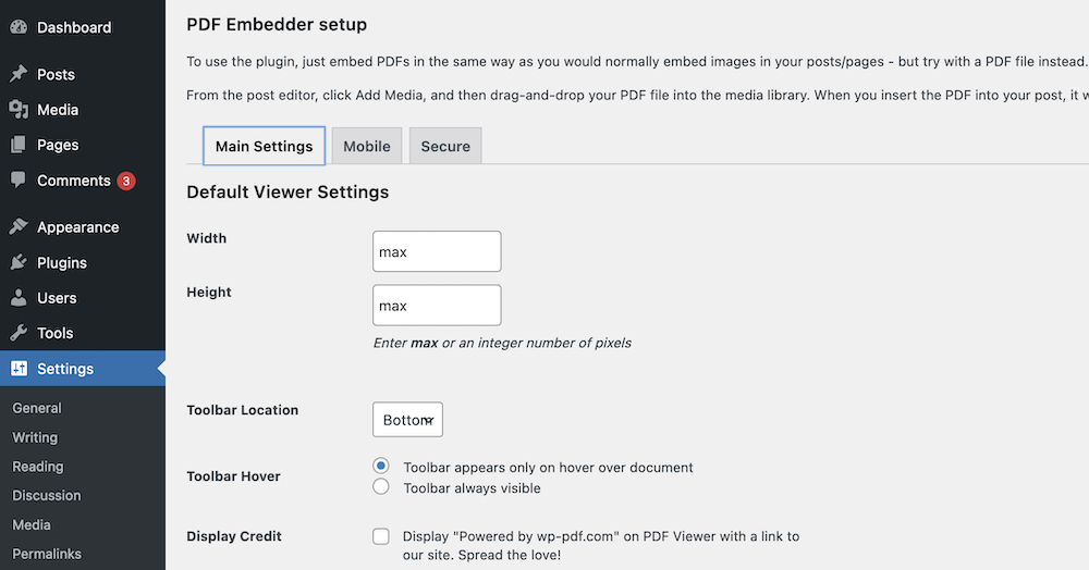 The PDF Embedder settings.