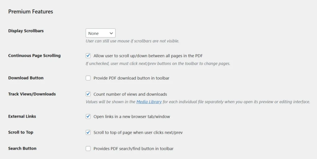 a screenshot of PDF Embedder Premium general settings