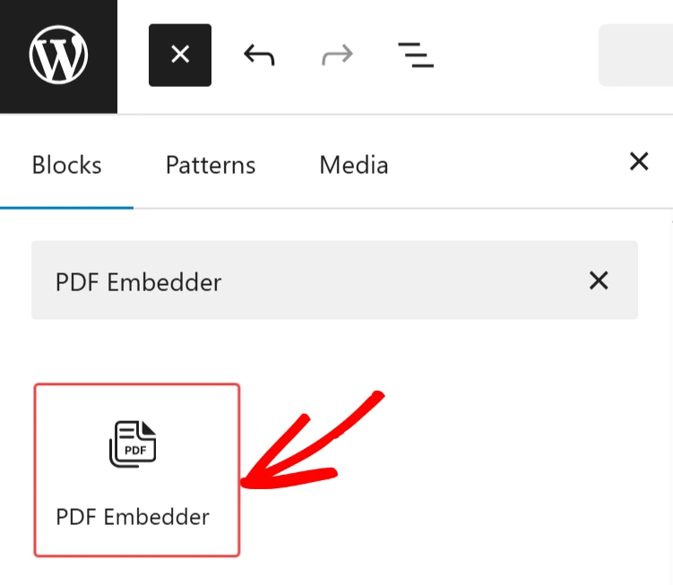 a screenshot of the PDF Embedder blocks to WordPress blocks list