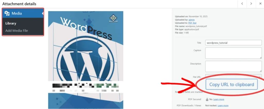 a screenshot of the attachment details panel in WordPress with the option to copy the file URL