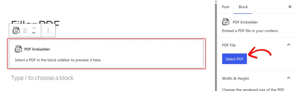WordPress editor: PDF Embedder block with a 'Select PDF' button to choose a file