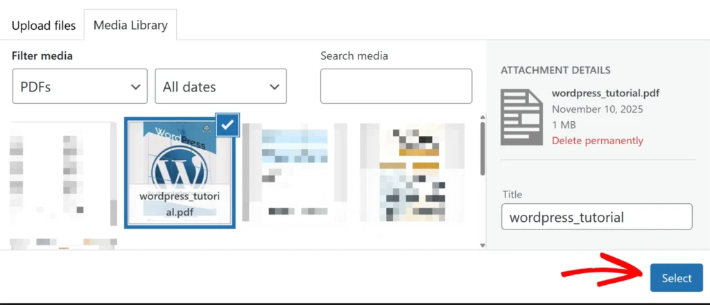 a screenshot of the media library with the file select option