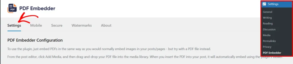 a screenshot of PDF Embedder general settings tab