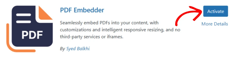 a screenshot of PDF Embedder listing with the activate option