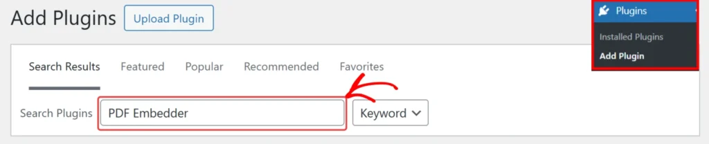 a screenshot of how find pdf embedder lite to install  on WordPress
