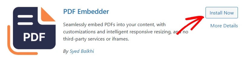 a screenshot of PDF Embedder listing with the install button