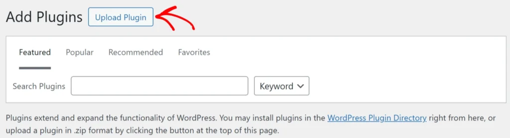 a screenshot of the plugin upload option on WordPress
