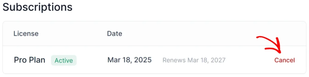 a screenshot of the subscription cancellation option in WP-PDF account page