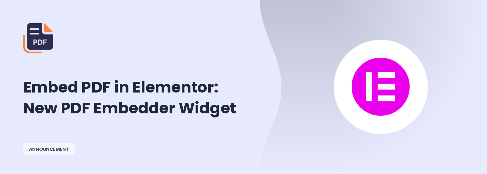 Announcement banner announcing 'Embed PDF in Elementor: New PDF Embedder Widget' with a PDF icon on the left and a magenta logo on the right.