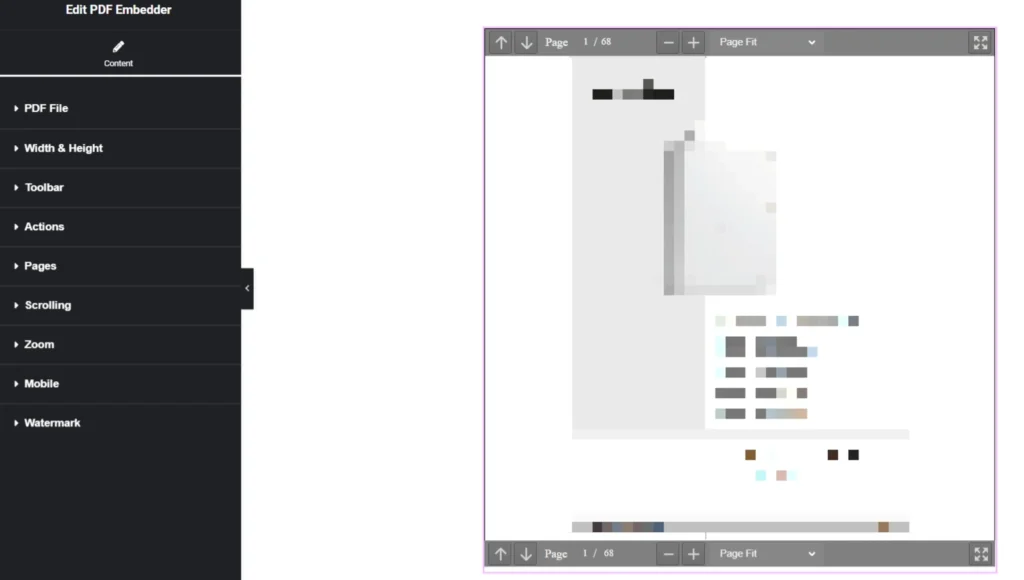 Screenshot of PDF Embedder editor: left settings menu and a right-side PDF viewer showing Page 1 of 68