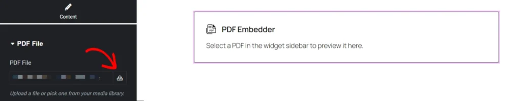 WordPress admin: PDF File widget with color thumbnail strip and upload icon to add a PDF