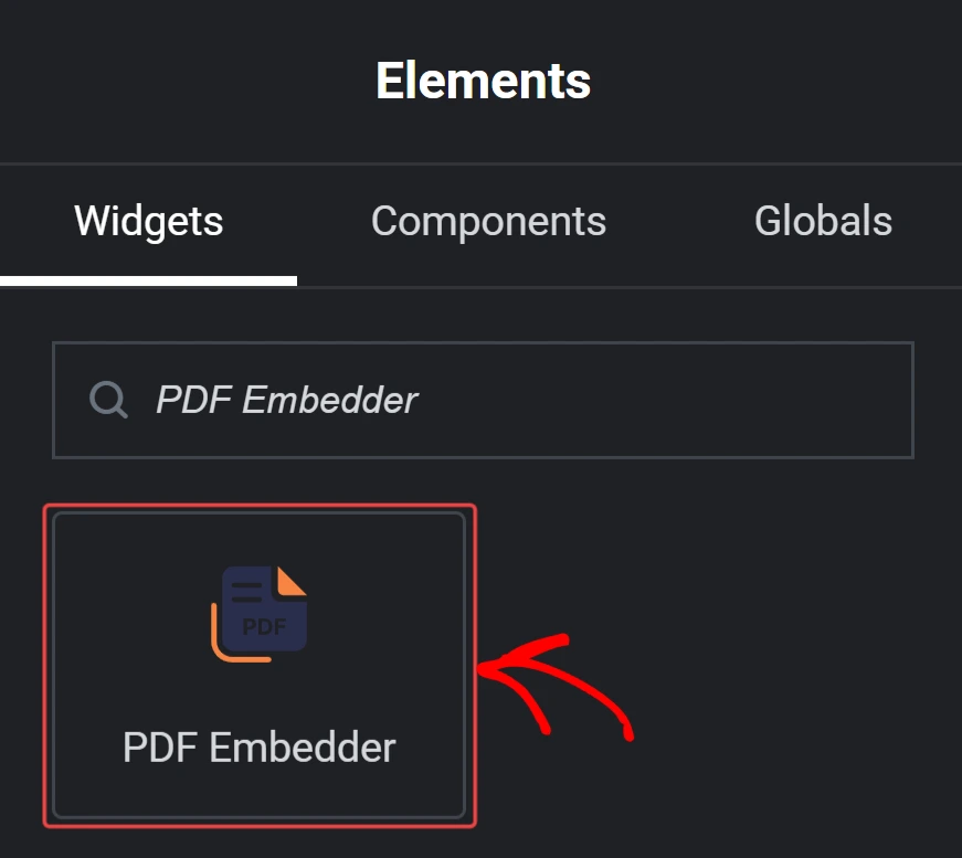 Card for the PDF Embedder widget in a dark UI panel, showing its icon and label PDF Embedder