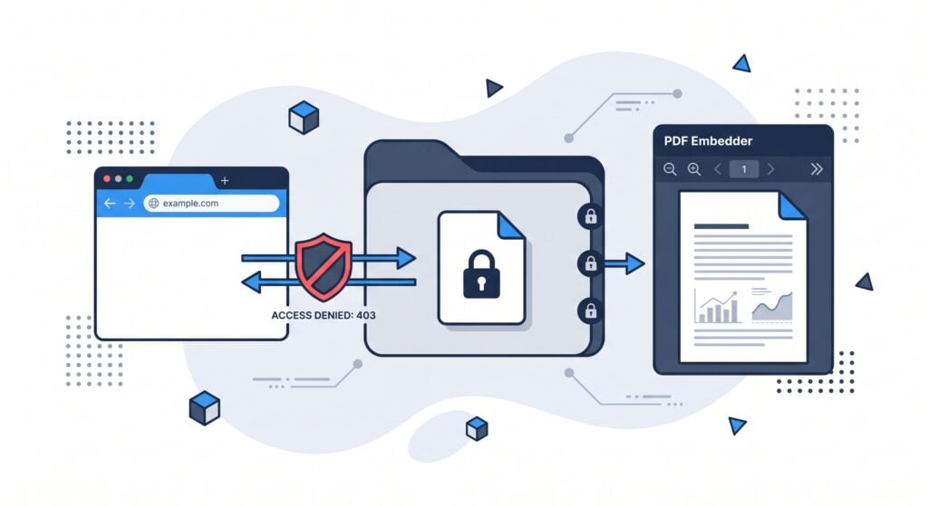 Direct File URLs Have Restricted Access - PDF Embedder Web browser window displaying 'example.com' with an access-denied shield and a locked document, next to a PDF Embedder interface, symbolizing blocked access and security.