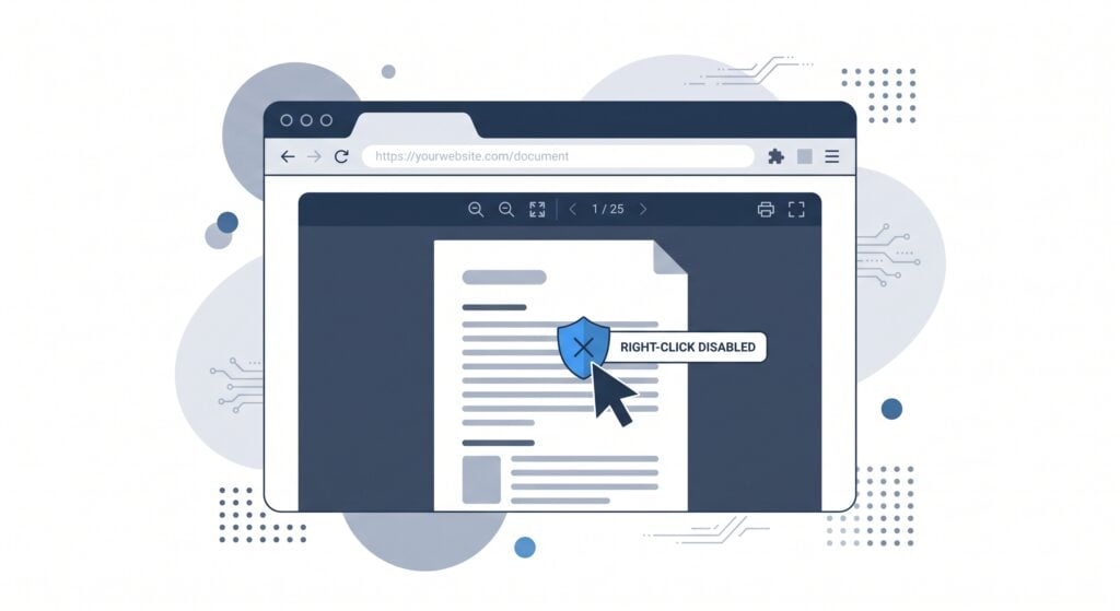 Right-Click Is Switched Off - PDF Embedder Illustration of a computer screen showing a document with a 'Right-Click Disabled' shield and a cursor pointing at it