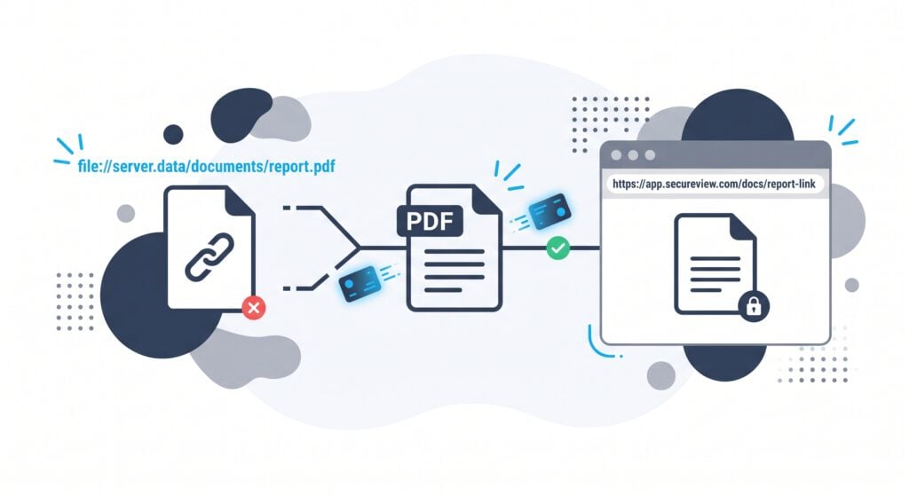 Share A Link Without Sharing The File - PDF Embedder Abstract illustration of a PDF workflow with linked documents and a secure browser window, signaling secure document sharing