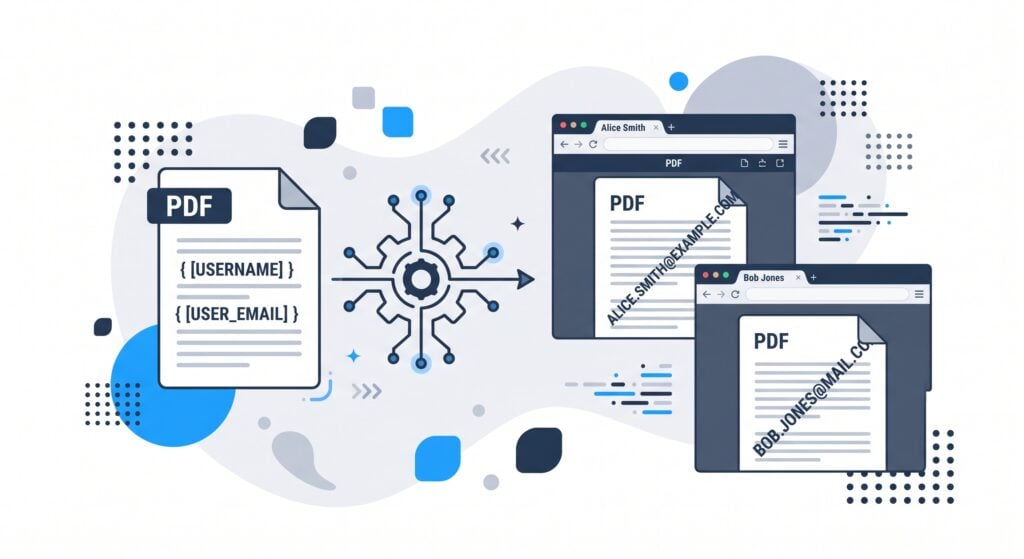 Stamp Each Readers Own Details on the Page - PDF Embedder Illustration showing multiple PDFs and browser windows with a neural network icon, representing PDF handling and digital document workflows.