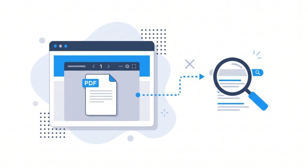 Your Documents Stay Out Of Search Results - PDF Embedder Abstract illustration of a laptop window showing a PDF document being searched with a magnifying glass, symbolizing document search.