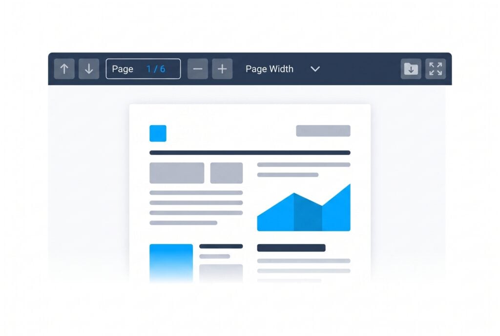Toolbar above a document preview: shows Page 1/6, width/zoom controls, and expand icons in a dark blue bar to adjust view and layout.