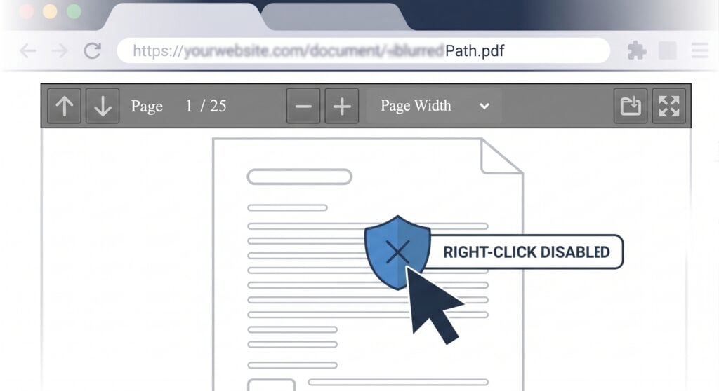 Illustration showing a document in a browser with a shield and cursor, signaling right-click disabled or unavailable.