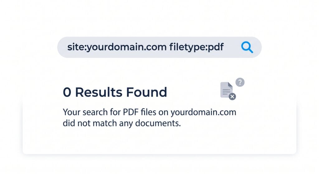 Search results page showing'site:yourdomain.com filetype:pdf' with 0 Results Found and a note that no PDFs were found on the site.
