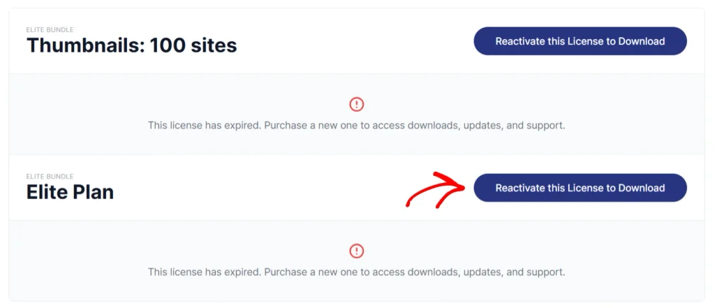 button to renew license in wp-pdf account - PDF Embedder Layout with three license panels: top and bottom show expired license messages; middle shows 'Elite Plan' with a blue 'Reactivate this License to Download' button (arrow indicates action).
