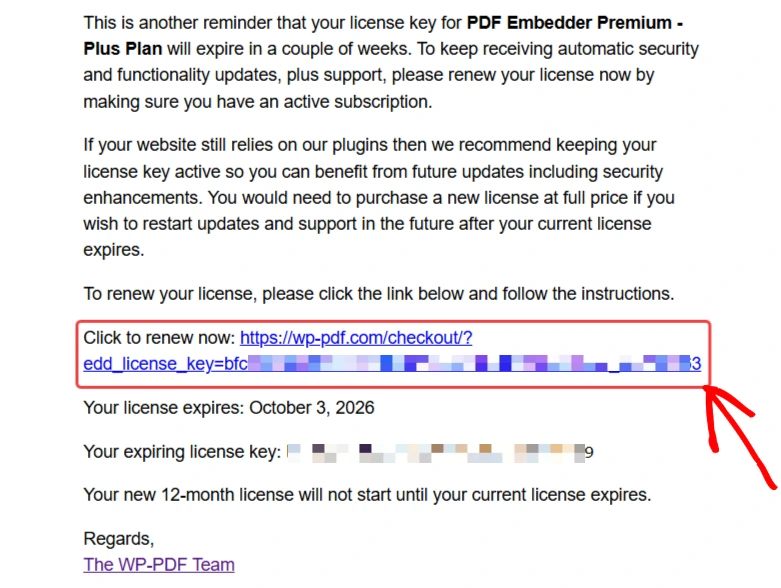 renewal email with renewal link - PDF Embedder Email reminding about PDF Embedder Premium license expiry; highlights a 'Click to renew now' link and shows expiration date October 3, 2026, signed by The WP-PDF Team.