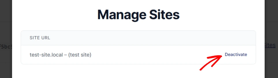 wp-pdf manage sites panel 2 - PDF Embedder Manage Sites modal: site test-site.local – (test site) with a Deactivate button on the right.